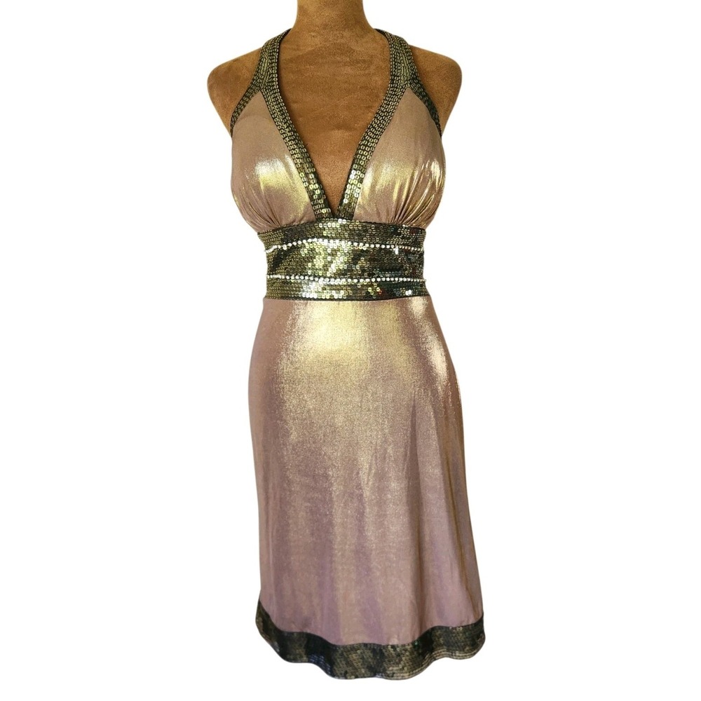 CARABELLA Dress Metallic Halter Y2K Party Going Out Size XL Sequins Sparkle